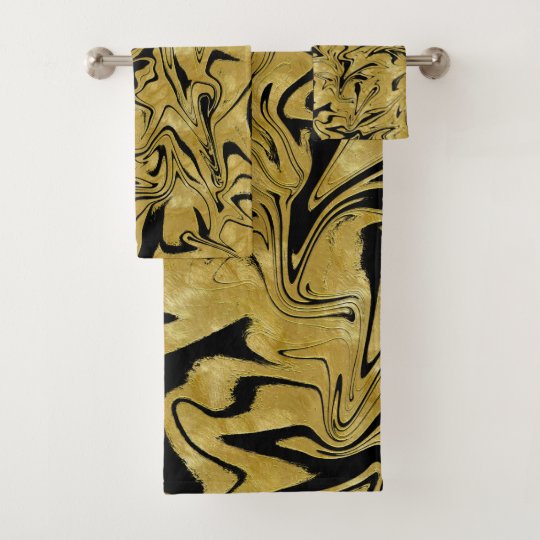 Yellow Gold & Black Elegant Glam Marble Swirl Bath Towel Set