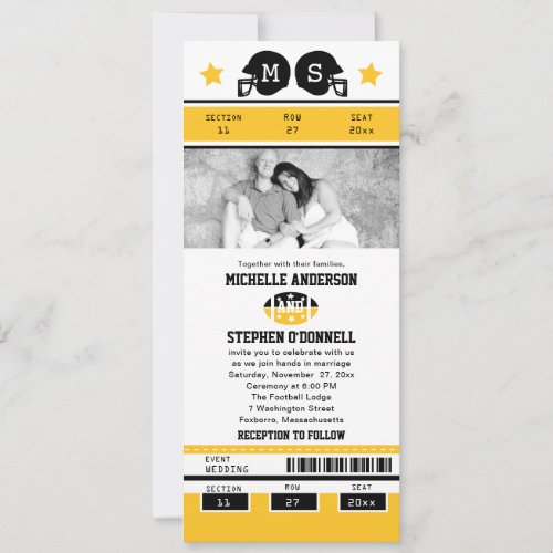 Yellow Gold  Black Football Ticket Wedding Invite