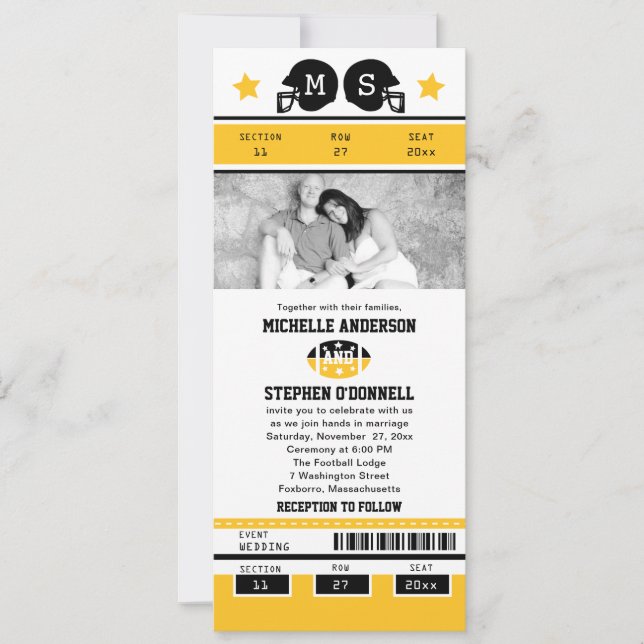Yellow Gold  Black Football Ticket Wedding Invite (Front)
