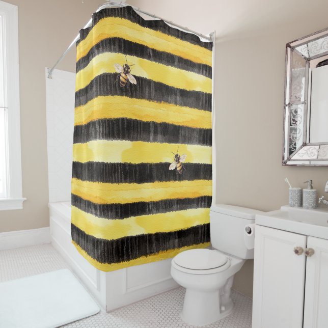 Yellow Gold Black Stripes Honey Bee  Shower Curtain (In Situ)