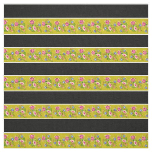 Yellow/gold/black, white pin stripe, folk floral fabric