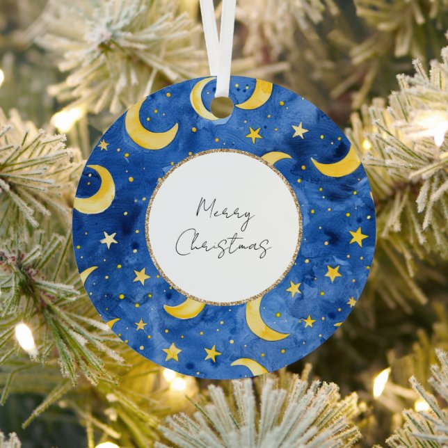 Yellow Gold Blue Stars Moons Christmas Metal Ornament (Insitu)