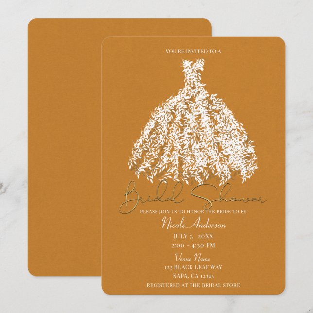 Yellow Gold Botanical Leaf Dress Bridal Shower Invitation (Front/Back)