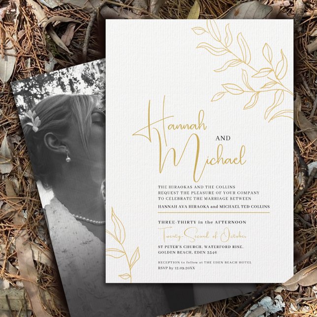 Yellow gold branch of leaves sketch wedding  invitation (Creator Uploaded)