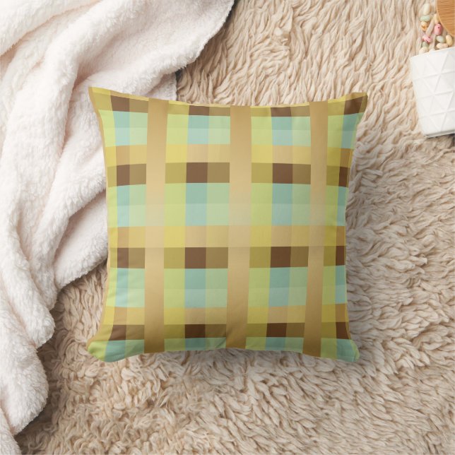 Yellow, Gold, Brown, Mint and White Plaid Throw Pillow (Blanket)