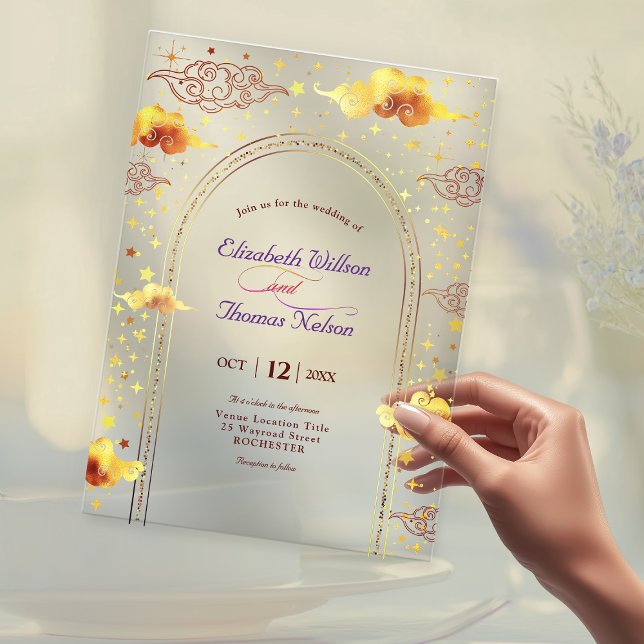 Yellow Gold celestial mystical dreamy wedding  Acrylic Invitations (Creator Uploaded)
