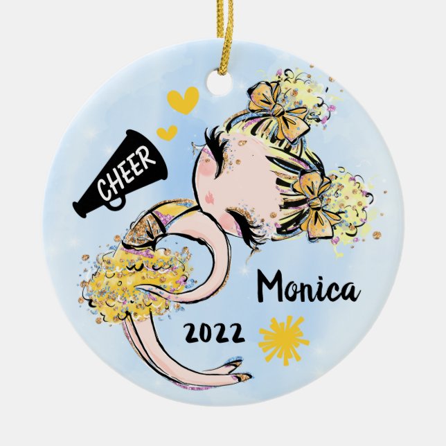 Yellow  Gold Cheerleader Girl Ornament Blond Hair (Front)