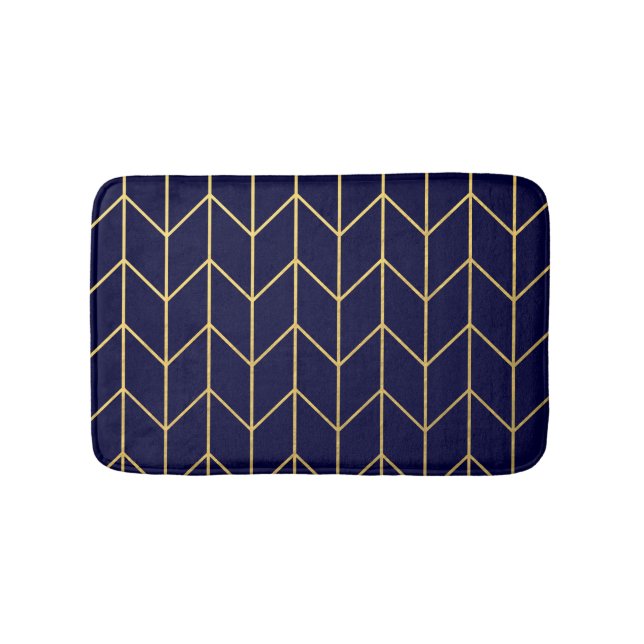 Yellow Gold Chevron Navy Blue Modern Chic Bathroom Mat (Front)