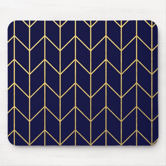 Yellow Gold Chevron Navy Blue Modern Chic Mouse Pad (Front)