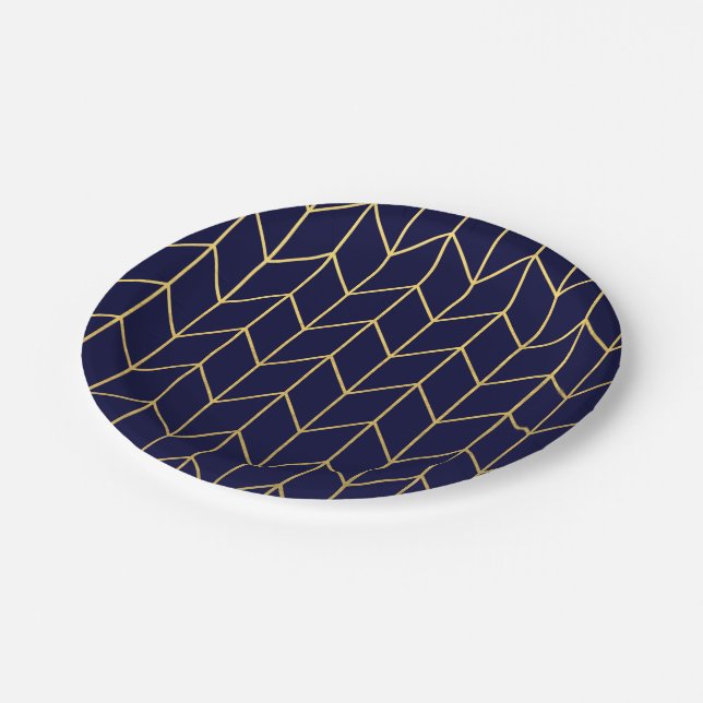 Yellow Gold Chevron Navy Blue Modern Chic Paper Plates (Angled)