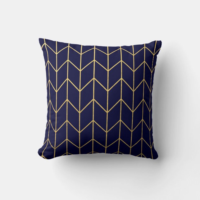 Yellow Gold Chevron Navy Blue Modern Chic Throw Pillow (Front)