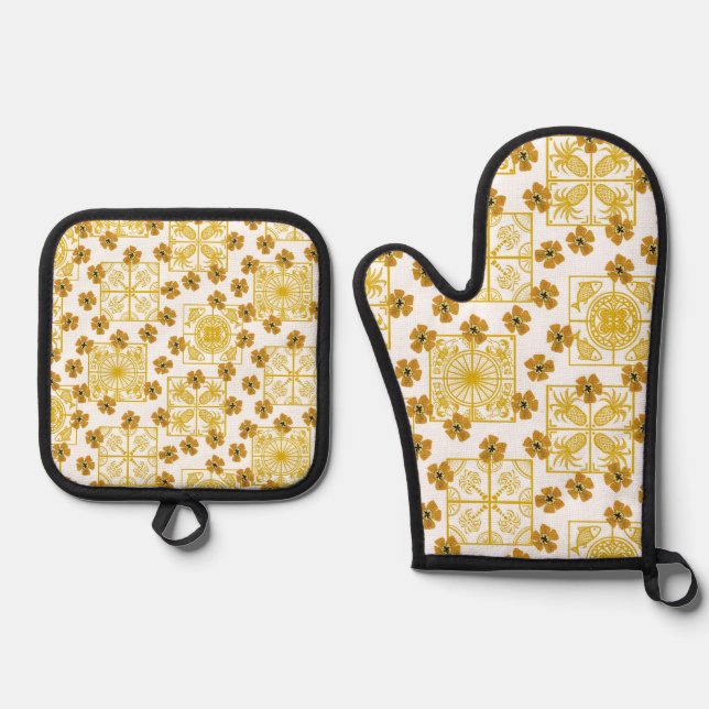 Yellow & Gold Coastal Pattern with Lemons, Palms & Oven Mitt & Pot Holder Set (Front)