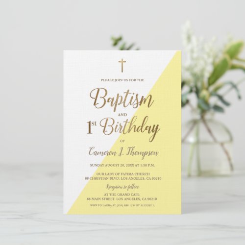 Yellow Gold Cross Baptism 1st Birthday Invitation