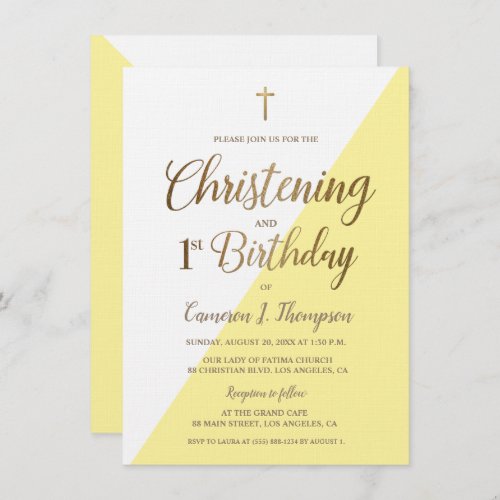 Yellow Gold Cross Christening and 1st Birthday Invitation