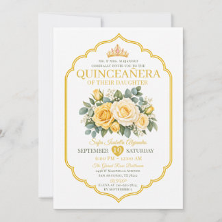 Yellow Gold Crown Floral QuinceañeraPrincess Invitation