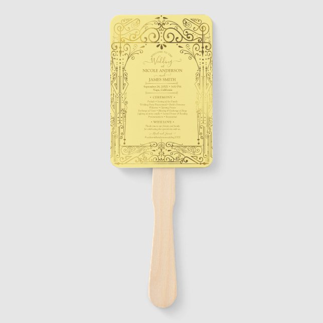 Yellow Gold Deco Chic Glam Wedding Program Hand Fan (Front)