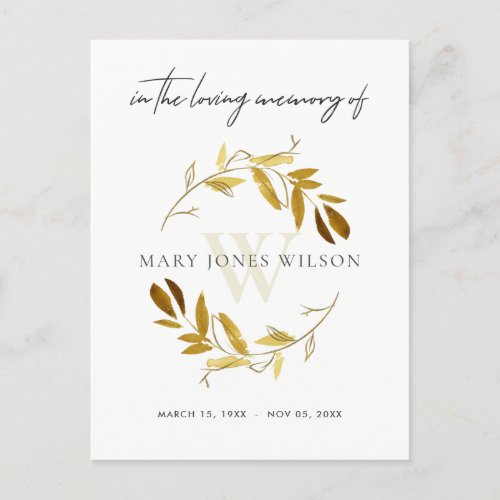 YELLOW GOLD FAUNA WREATH SYMPATHY MEMORIAL SERVICE INVITATION POSTCARD