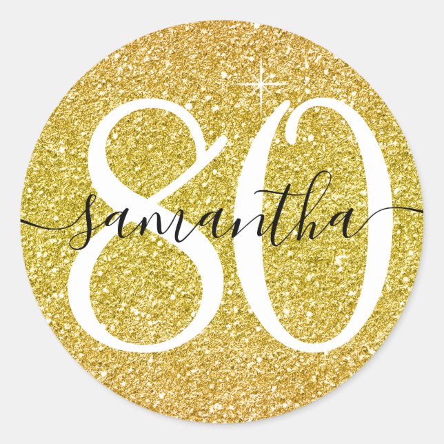 Yellow Gold Faux Glitter Personalized 80 Classic Round Sticker (Front)
