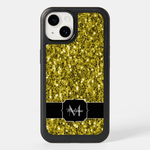 Yellow gold faux sparkles glitter Monogram OtterBox iPhone 14 Case