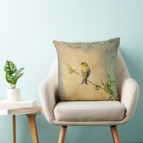 Yellow Gold Finch Bird Tree Branch Vintage Style Throw Pillow