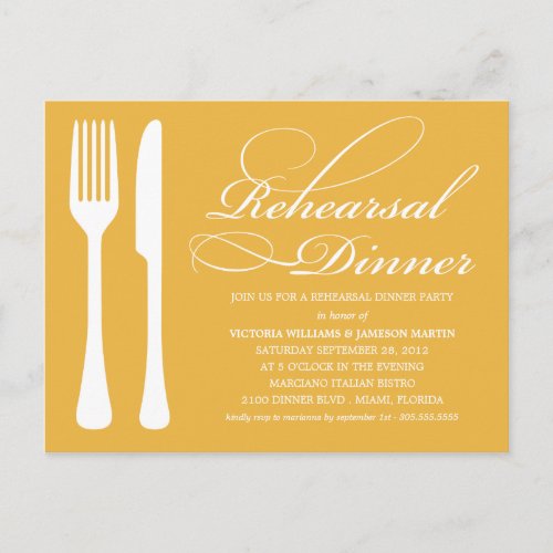 YELLOW GOLD FLATWARE  REHEARSAL DINNER INVITE