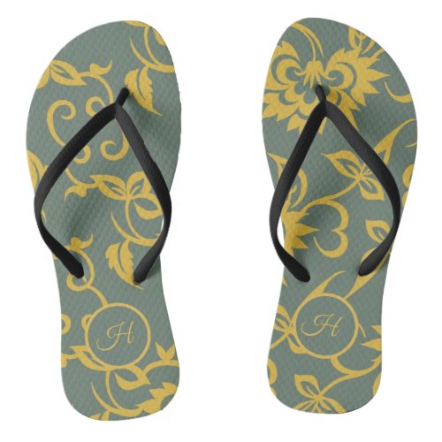 Yellow Gold Floral and Grey Monogram Flip Flops