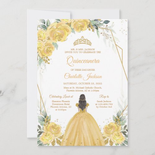 Yellow Gold Floral Quinceanera Invitation