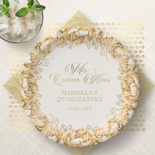 Yellow Gold Floral Quinceanera Paper Plates