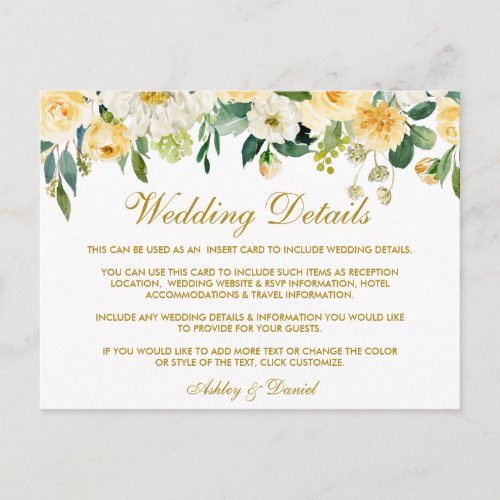 Yellow Gold Floral Wedding Details Insert Card
