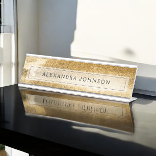 Yellow Gold Foil Luxury Brush Strokes Desk Name Plate
