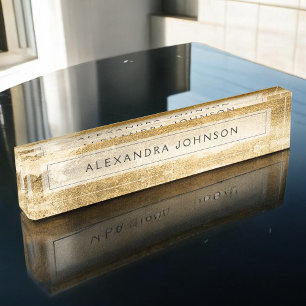 Yellow Gold Foil Luxury Brush Strokes Desk Name Plate