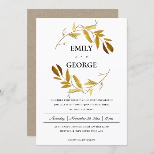 YELLOW GOLD FOLIAGE WATERCOLOR WASH WREATH WEDDING INVITATION