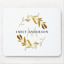 YELLOW GOLD FOLIAGE WATERCOLOR WREATH MONOGRAM MOUSE PAD
