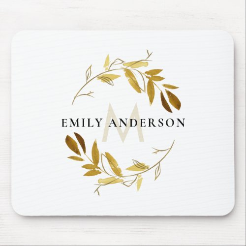 YELLOW GOLD FOLIAGE WATERCOLOR WREATH MONOGRAM MOUSE PAD