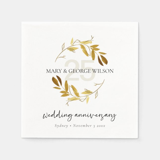 YELLOW GOLD FOLIAGE WREATH ANY YEAR 25 ANNIVERSARY NAPKINS (Front)