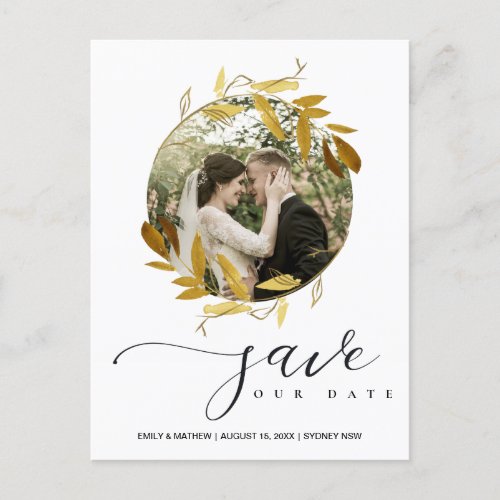 YELLOW GOLD FOLIAGE WREATH SAVE THE DATE PHOTO ANNOUNCEMENT POSTCARD