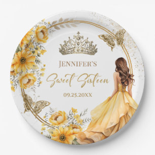 Yellow Gold Girl Princess Tiara Floral Sweet 16 Paper Plates