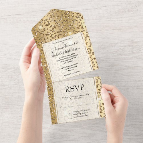 Yellow Gold Glam Glitter Leopard All In One Invitation