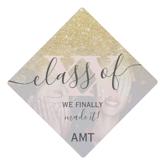 Yellow Gold Glitter Blush Pink Photo Class Of Graduation Cap Topper ...