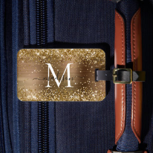 Yellow Gold Glitter Brushed Metal Monogram Script Luggage Tag