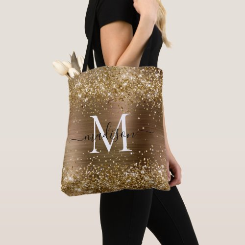 Yellow Gold Glitter Brushed Metal Monogram Script Tote Bag