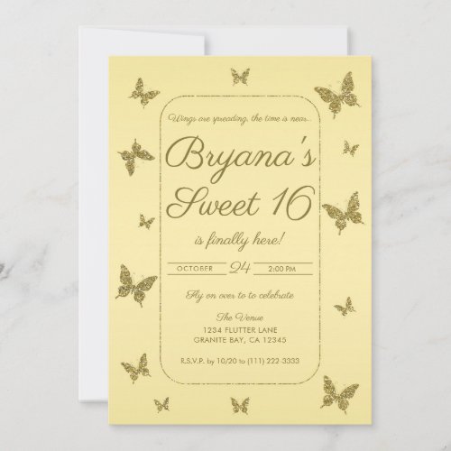 Yellow &amp; Gold Glitter Butterfly Sweet 16 Party Invitation
