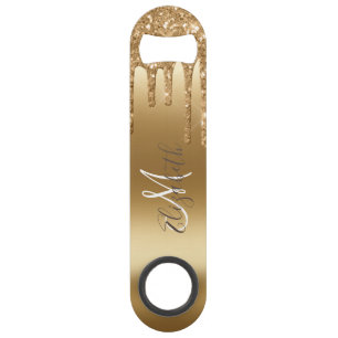 Yellow Gold Glitter Look Drips Monogram Stylish Bar Key