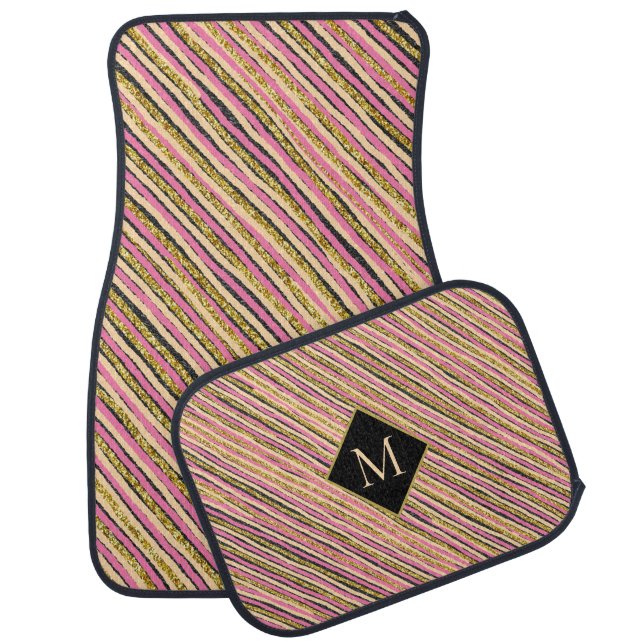 Yellow Gold Glitter Monogram Unique Stripes Car Floor Mat (Set)