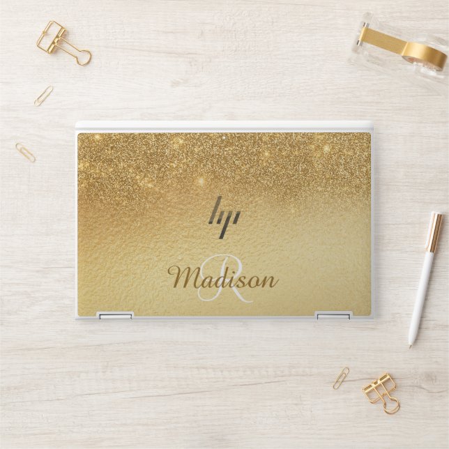 Yellow Gold Glitter Ombre Pretty Monogram HP Laptop Skin (Desk)