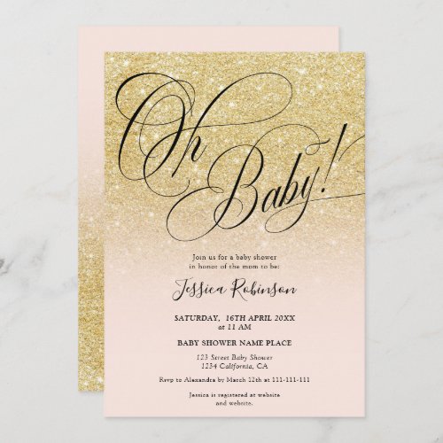 Yellow gold glitter ombre script pink baby shower invitation