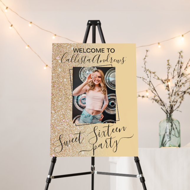 Yellow Gold Glitter Ombre Sweet 16 Welcome Sign (In Situ (Stand))