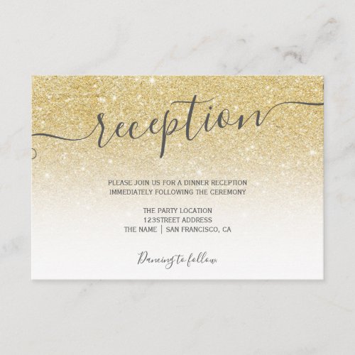 Yellow gold glitter ombre white script reception enclosure card