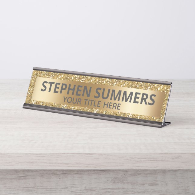 Yellow Gold Glitter Sparkle Glam Custom Desk Name Plate (Front)