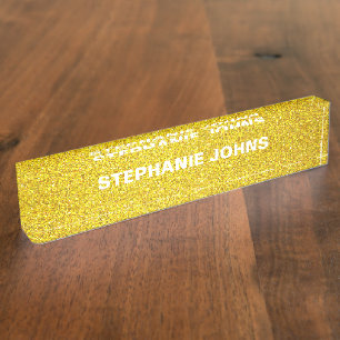 Yellow Gold Glitter Sparkle Monogram Name Classy Desk Name Plate